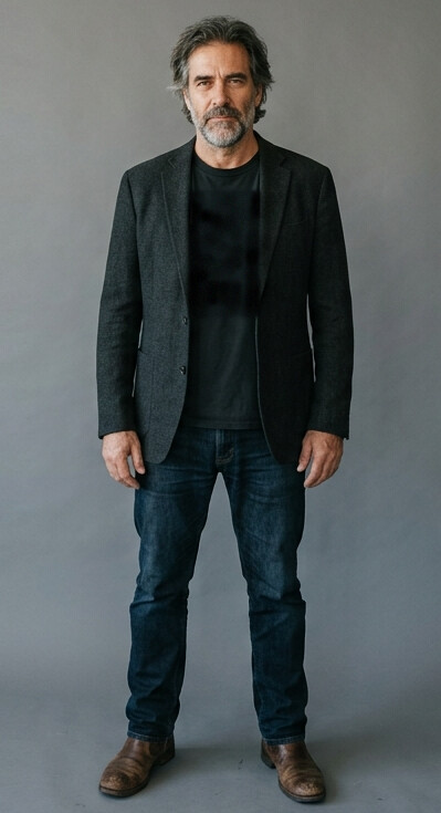 Raymond Calder Wolfe, standing, in a dark blazer and jeans.